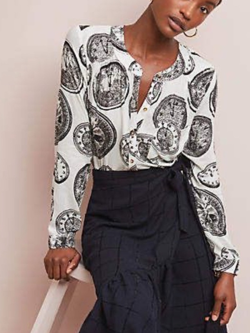Anthropologie White and Black Printed Button-Down Shirt